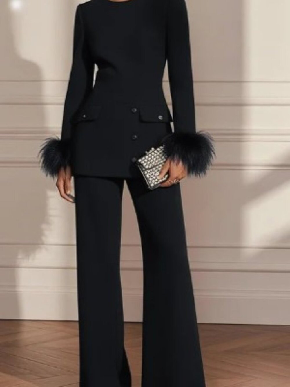 Women's Black Buckle Feather-trimmed Crew Neck Long Sleeve Dressy Top with Pants